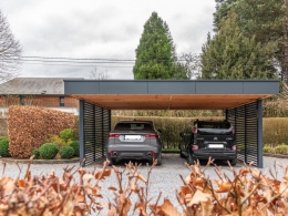 Carport contemporain en bois | Abri voiture toiture plate à Namur